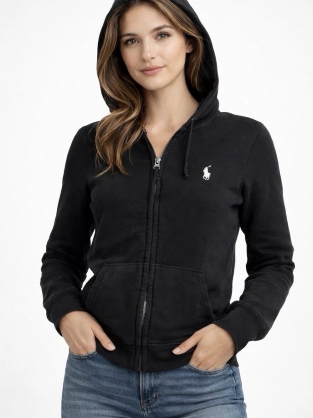 RALPH LAUREN Sport Polo Pony Black Fleece Full-Zip Hoodie Aqua Embroidery M